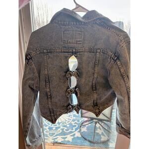 Jordache Cropped Acid Wash Denim Jacket w/ Lace-Up Back Cutout | Size L